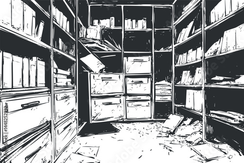 Black and white illustration of a cluttered library or archive room with disorganized bookshelves and scattered papers on the floor