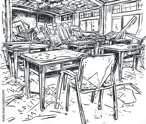 Abandoned classroom with broken desks and chairs in a dilapidated state showing decay and neglect