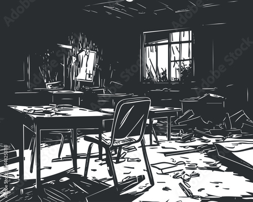Abandoned classroom with broken furniture and debris scattered across the floor under dim lighting