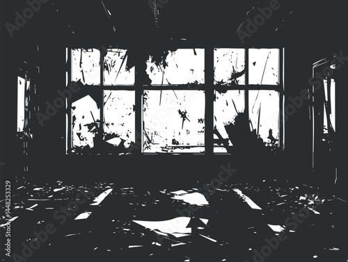 Dark abandoned interior with broken windows showcasing decay and urban dereliction atmosphere