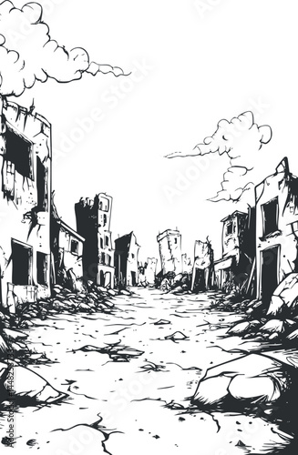 Black and white illustration of a post-apocalyptic ruined city street with destroyed buildings and rubble