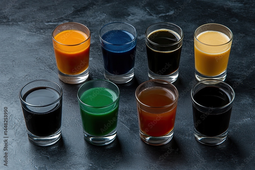 Colorful shot glasses arranged on dark surface Colorful shot glasses arranged on dark surface