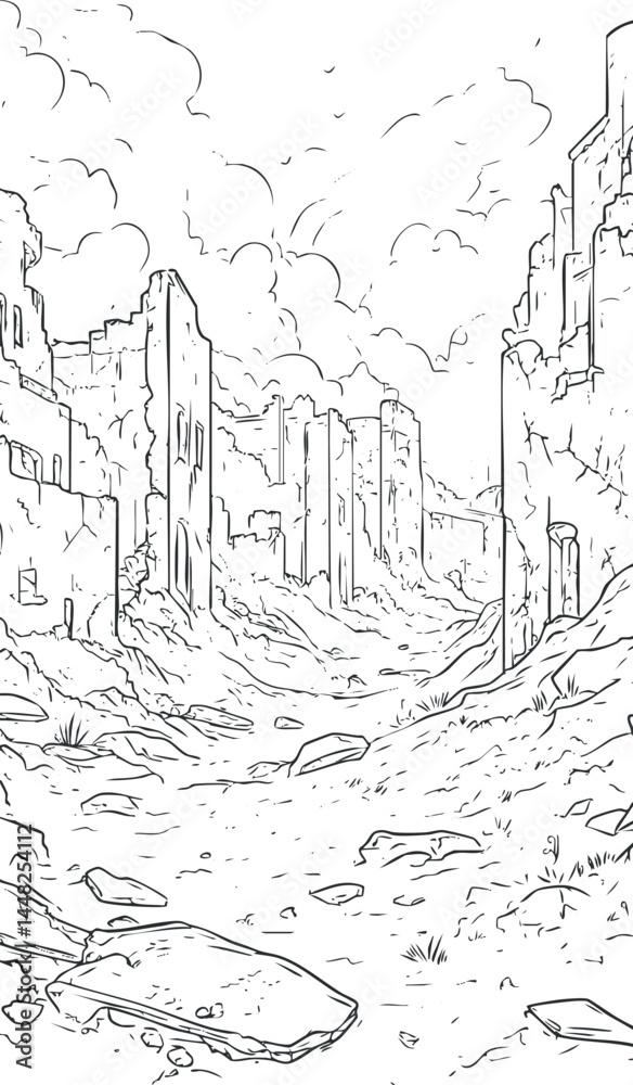 Black and white line drawing of a rocky canyon path surrounded by towering eroded desert ruins under a cloudy sky Black and white line drawing of a rocky canyon path surrounded by towering eroded desert ruins under a cloudy sky