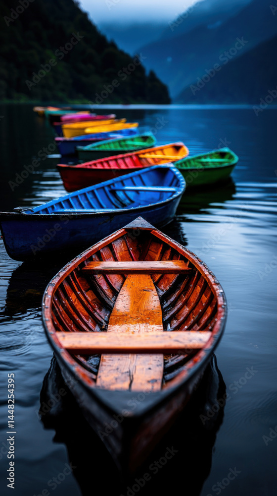Obraz premium A row of colorful boats are floating on a lake. The boats are of different sizes and colors, creating a vibrant and lively scene. Concept of leisure and relaxation