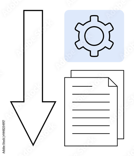 Downward arrow, gear icon, and document stack represent downloading, settings, and file organization. Ideal for productivity, workflow, data management, system update process flow software simple