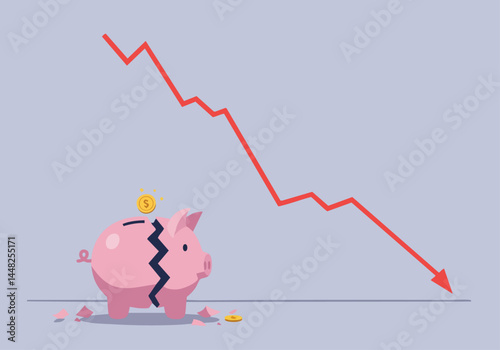 A cracked piggy bank sits on a light blue surface, with a single coin falling out. Represents financial loss, debt, or economic downturn. Simple, clean composition.