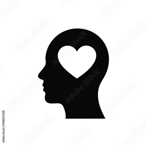 Minimal head silhouette with heart, symbolizing emotional intelligence, mindfulness, and mental wellness. Clean, modern vector icons in outline and solid styles for digital and psychology concepts
