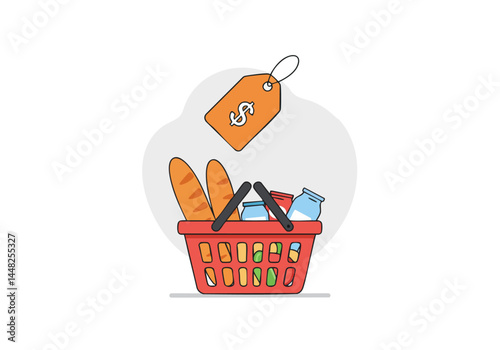 A red basket overflows with groceries, including bread and milk. A price tag hangs from the basket, suggesting shopping and affordability. Clean, bright, and ideal for food-related concepts.