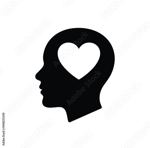 Head silhouette with heart icon representing emotional intelligence and mindfulness vector illustration

