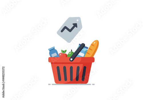 A red shopping basket overflows with groceries, including milk, apples, and bread. An upward trending graph icon floats above, symbolizing rising prices. Clean, modern style.