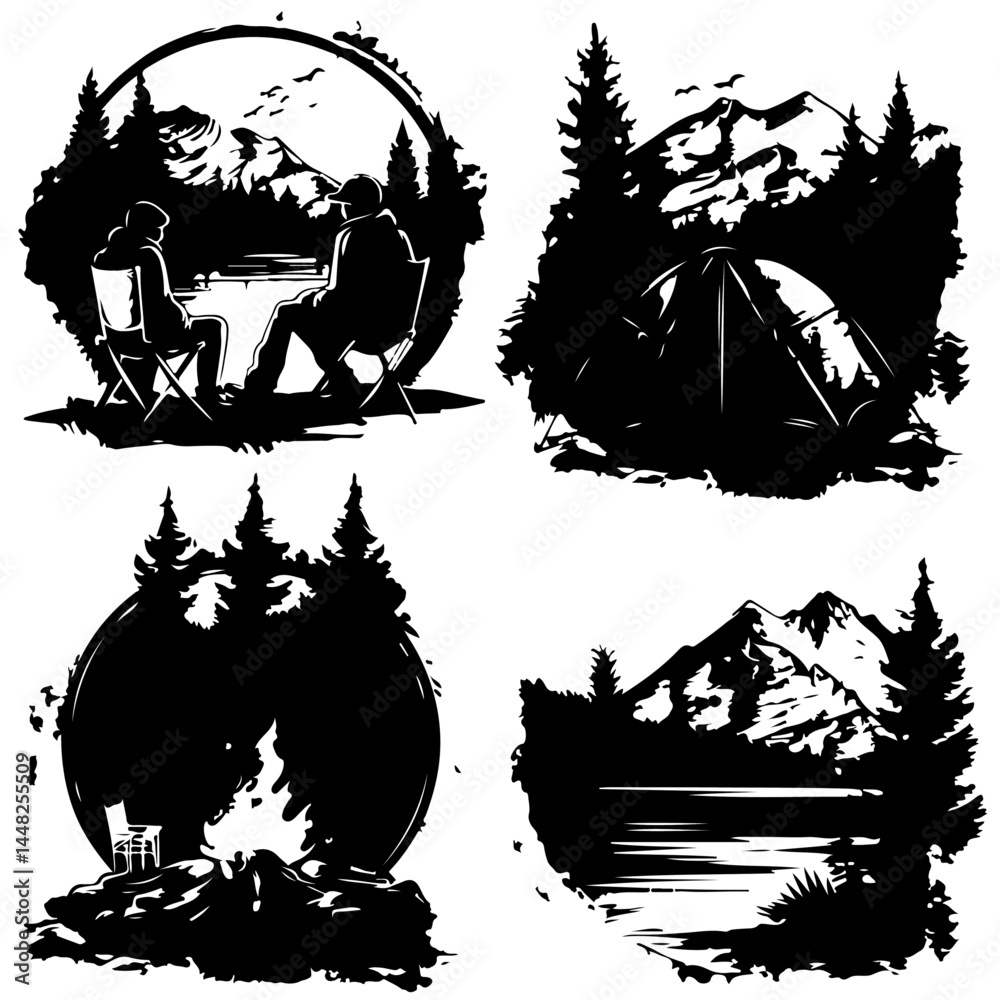 Obraz premium Camping Silhouette, Camp SVG, Tent Silhouette, Campfire SVG, Forest Silhouette, Mountains SVG, Adventure Clipart, Hiking Silhouette, Outdoor SVG, Wilderness SVG, Camping Clipart, Retro Camp SVG, Natur