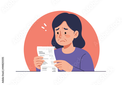 A stressed woman looks shocked while holding a bill. She has dark hair and wears a purple sweater. Red background emphasizes her distress.  Financial worry, debt.