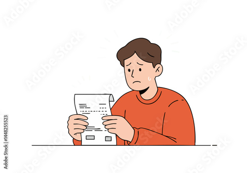 A stressed man stares at a bill with shock. Flat design illustration conveys financial worry. Suitable for concepts like debt, bills, and anxiety.