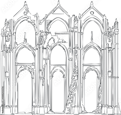 Line drawing of a ruined gothic architectural structure with arches and columns showing decay and historic details.