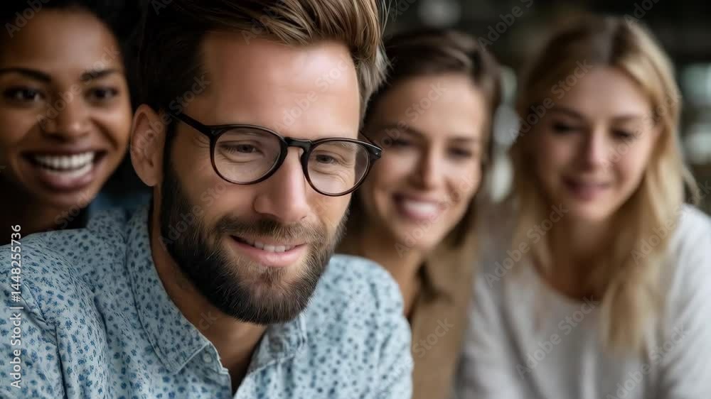 Group of diverse young people smiling together, portraying teamwork, collaboration, and positive company culture. Group of diverse young people smiling together, portraying teamwork, collaboration, and positive company culture.