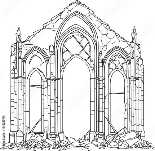 Detailed black and white line art illustration of a ruined gothic stone building with three large arched windows and rubble