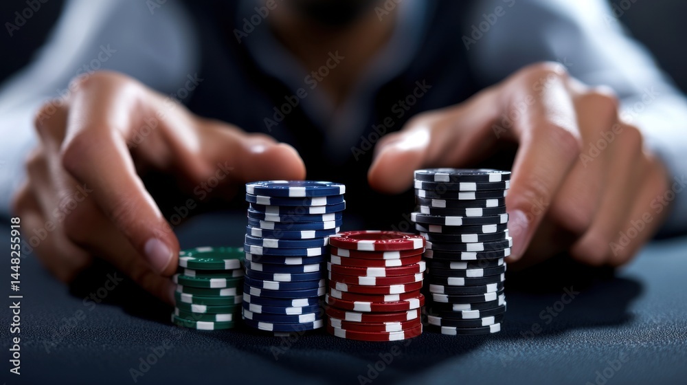 A man is holding a pile of poker chips. The chips are of different colors and sizes. Concept of excitement and anticipation, as the man is about to play a game of poker A man is holding a pile of poker chips. The chips are of different colors and sizes. Concept of excitement and anticipation, as the man is about to play a game of poker
