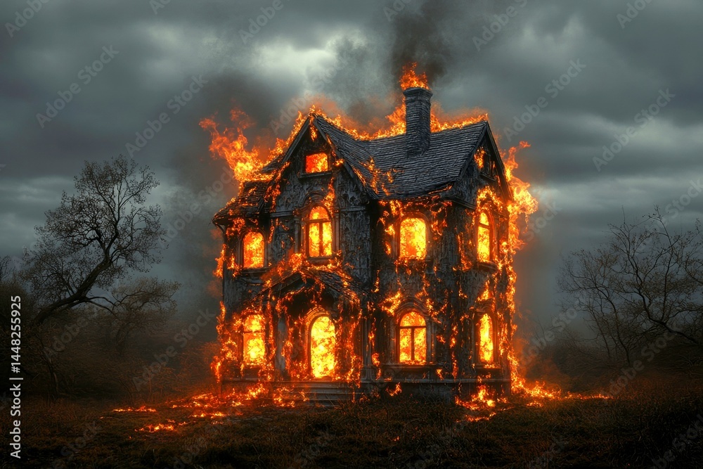 Metaphorical house on fire perceptions of fear and despair. Spine-chilling dream. Sleep paralysis fear. Haunting shadows. House on fire - nightmares, bad dreams: abstract image of human state.