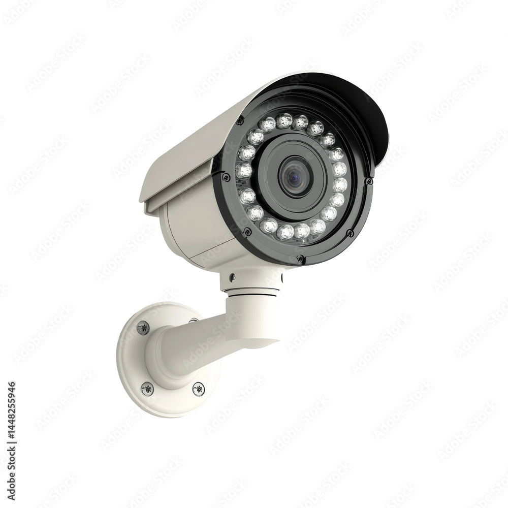 A security camera mounted on a wall. The camera has a white casing with a black lens and is pointed directly at the viewer. It is used to monitor and record activities. A security camera mounted on a wall. The camera has a white casing with a black lens and is pointed directly at the viewer. It is used to monitor and record activities.