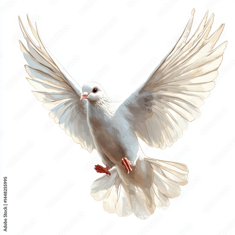 White dove, a symbol of peace and love, takes flight across the vast blue sky White dove, a symbol of peace and love, takes flight across the vast blue sky