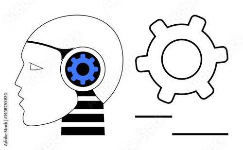 Profile of head with gear inside, large adjacent gear suggesting mind, problem-solving, progress, artificial intelligence, creativity, collaboration, strategy, and technology in flat simple metaphor