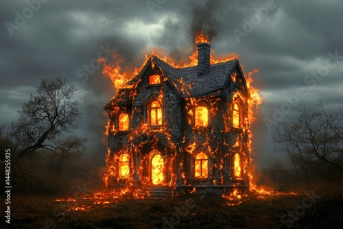 Metaphorical house on fire perceptions of fear and despair. Spine-chilling dream. Sleep paralysis fear. Haunting shadows. House on fire - nightmares, bad dreams: abstract image of human state.