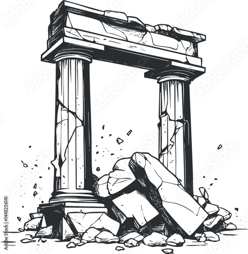 Black and white illustration of ancient broken stone columns and ruins with scattered debris