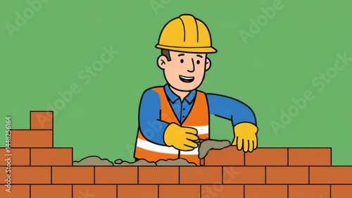 Laying Brick Animation of Construction Worker Building Wall