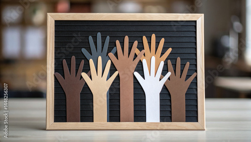 Paper cutout hands in various skin tones raised on black felt board with wooden frame, symbolizing diversity and equality in warm, inviting setting