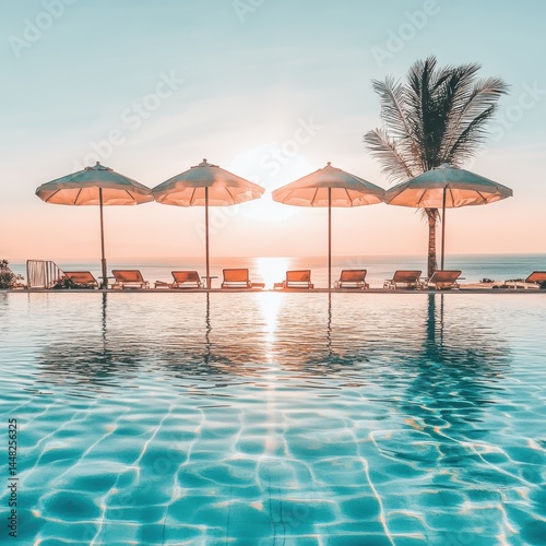 Serene Tropical Paradise: Poolside Loungers and Umbrellas at Sunset with Ocean View