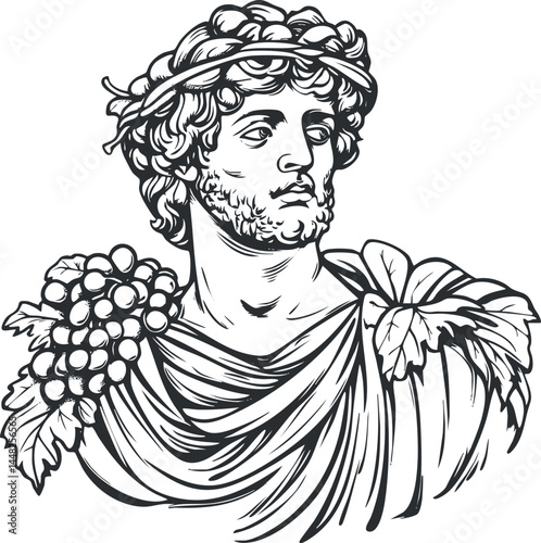 Black and white line art of a classical bust featuring a man with curly hair wearing a grapevine wreath and draped clothing.
