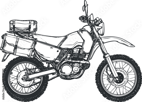 Black and white illustration of an offroad motorcycle equipped with luggage for adventure touring