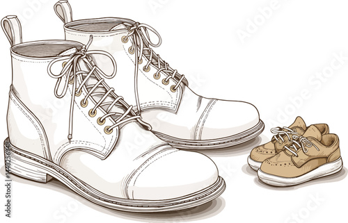 Stylish white boots beside a pair of cute brown children sneakers on a plain background