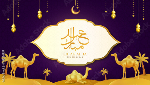 Elegant Eid Al Adha Design With Golden Camels and Traditional Islamic Decorations