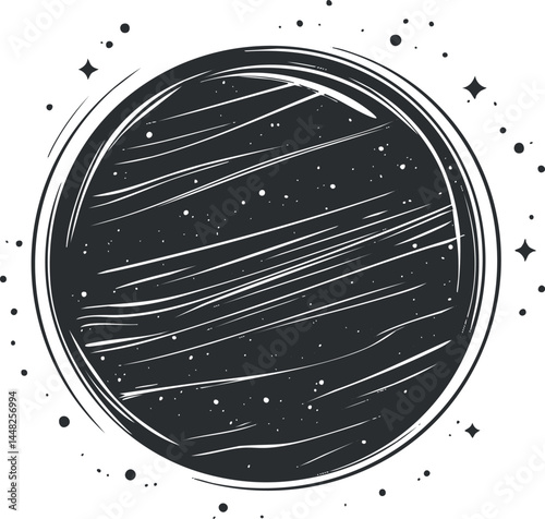 Illustration of a dark planet with surface texture and stars in outer space background