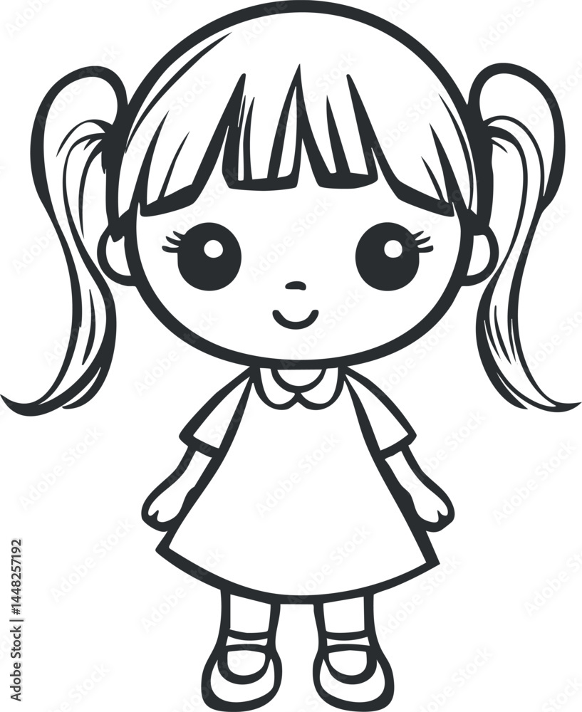 Fototapeta premium Black and white cartoon illustration of a cute young girl with pigtails and a dress smiling