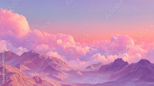 Modern Psychedelic Dreamy landscape in Y2K style. Banner in fantasy style with copy space. Gradient sky and clouds in pastel shades. 3D render