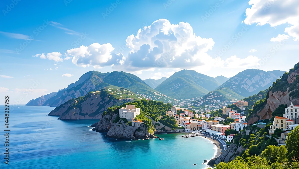 Obraz premium Picturesque Coastal Town Nestled in Mountains under a Sunny Sky