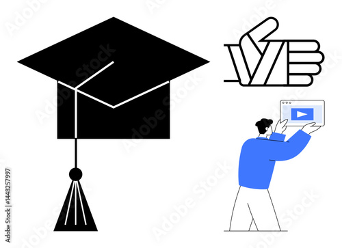 Graduation cap symbolizes education, thumbs-up represents approval, and educator presents video content. Ideal for education, online learning, success, empowerment, certification, approval simple