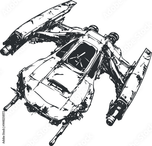 Black and white sketch of a futuristic spaceship fighter with wings and cockpit, sci-fi theme