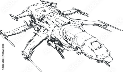 Black and white line drawing of a futuristic sci-fi spaceship or starship with detailed mechanical design