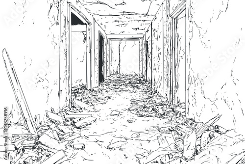 Black and white illustration of a long abandoned and dilapidated hallway filled with debris and rubble