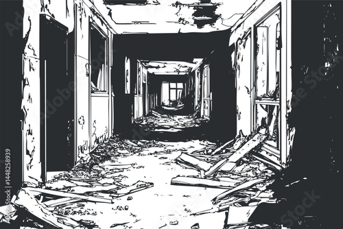 Black and white illustration of an abandoned hallway filled with debris and broken windows in a dilapidated building.