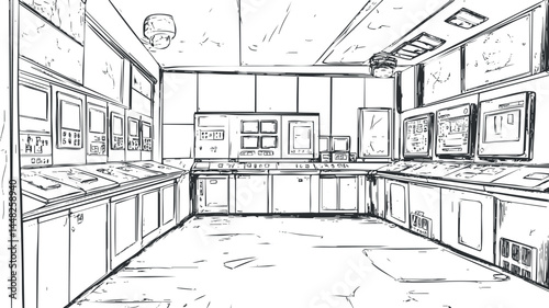 Black and white line drawing of an industrial control room with multiple control panels and monitors