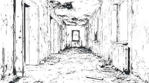 Black and white sketch of an abandoned damaged hallway with peeling walls and broken ceiling