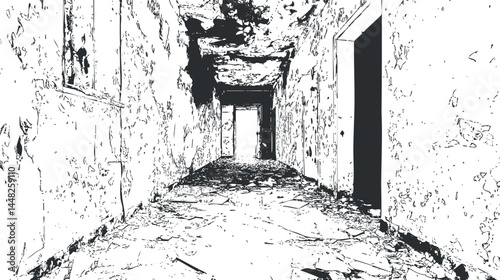 Black and white sketch of an abandoned, dilapidated hallway with peeling walls and debris