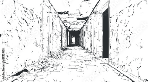 Abandoned hallway with cracked walls and damaged ceiling showing decay and deterioration in old building