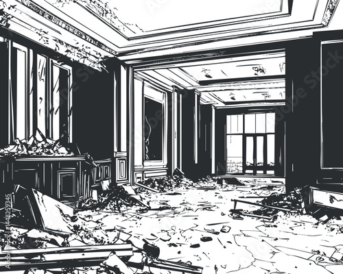 Black and white illustration of an abandoned, damaged interior room filled with debris and rubble