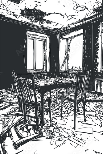 Abandoned and damaged room with broken table and chairs, peeling ceiling, and debris on floor