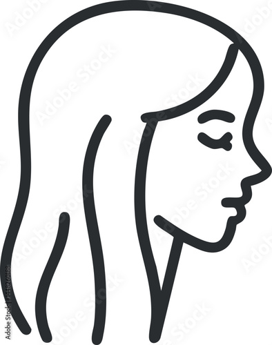 Simple black and white line drawing of a woman's profile with long hair and closed eyes